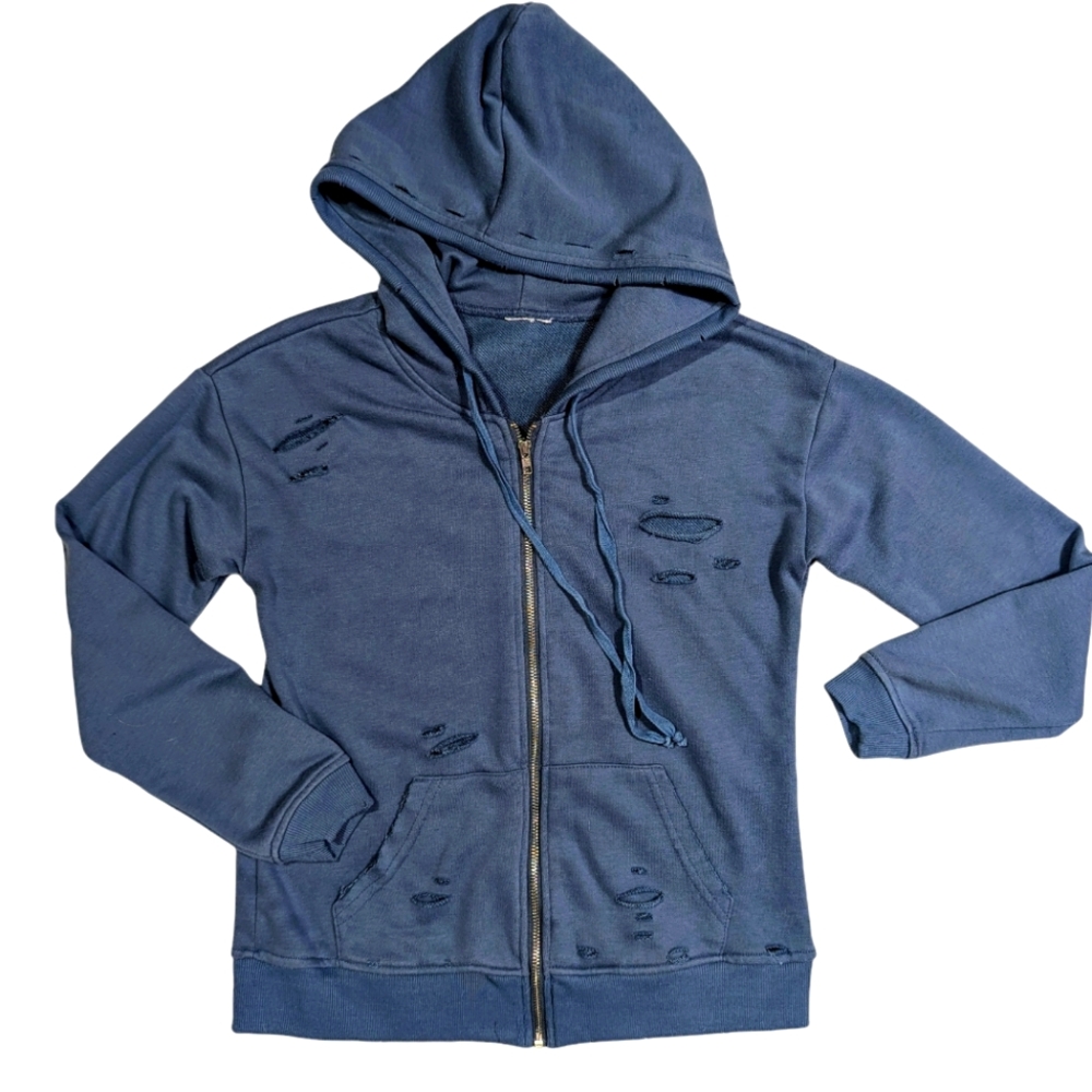 🚨 3/$20!! Distressed Ripped Blue Zip Up Hoodie Jacket Medium